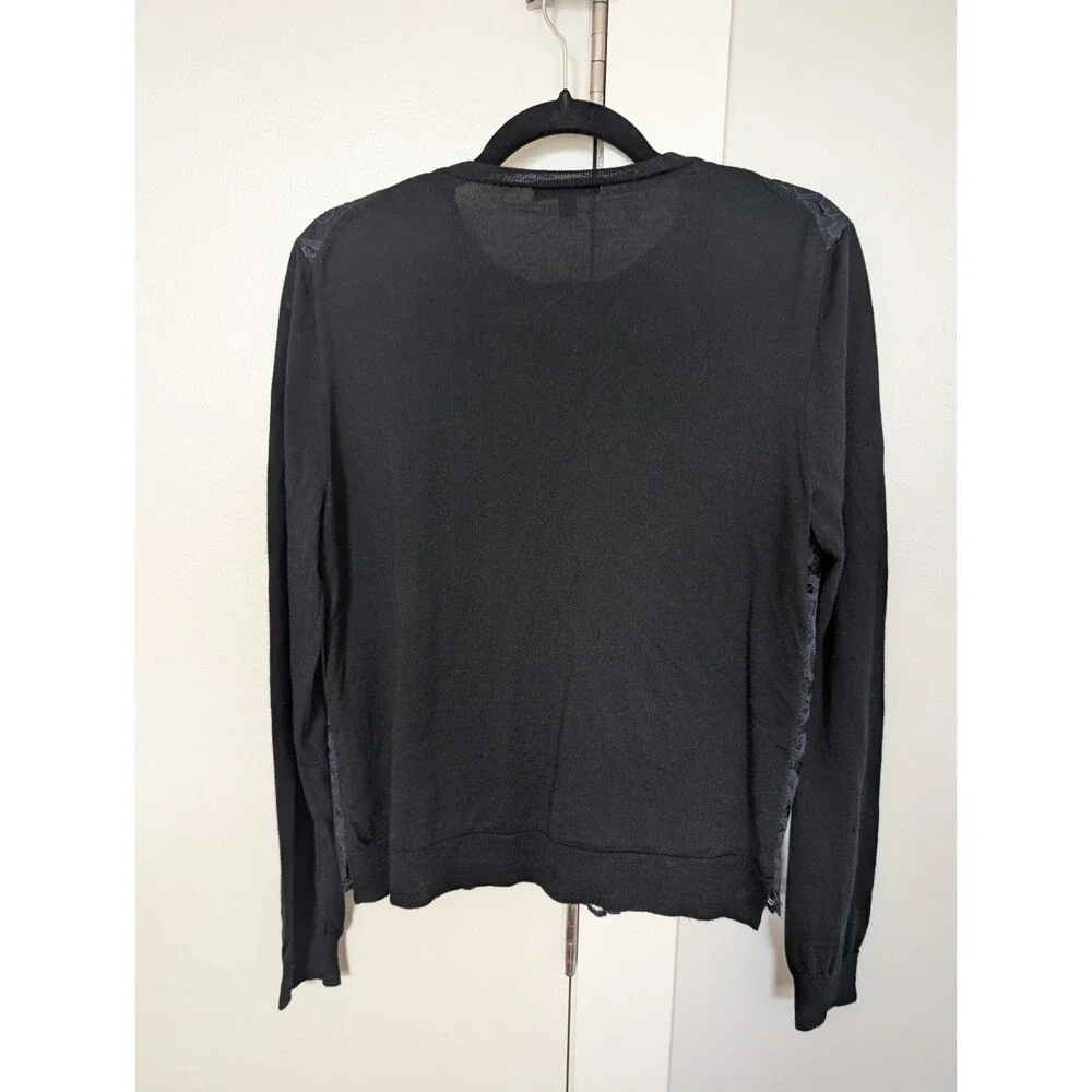 J. Crew Navy Cardigan With Lace Overlay Merino Wool L Classic Preppy